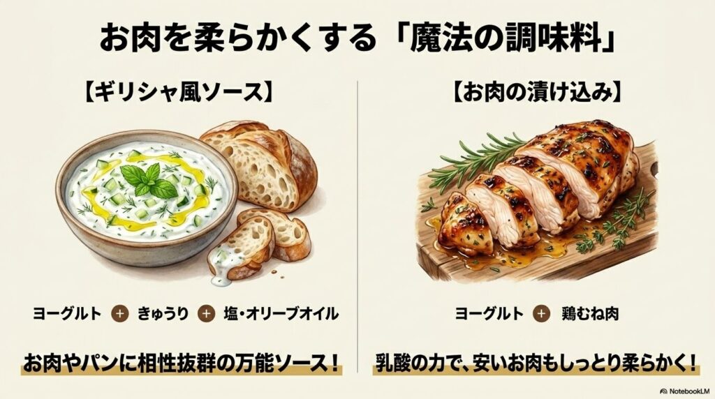 ギリシャ風ソースや、肉を柔らかくするための漬け込み用など、料理への活用法を説明しています。