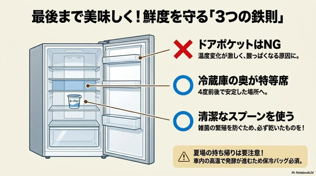 鮮度を保つための冷蔵庫での適切な保管場所と、清潔なスプーンを使用することの重要性を解説しています。