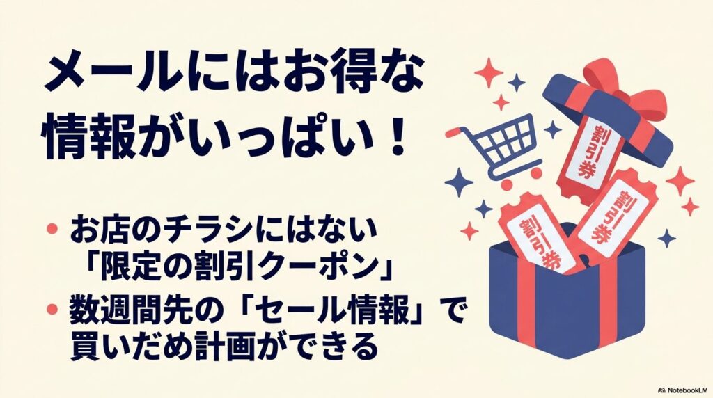 コストコメールを受信するメリットとして、限定クーポンや先行セール情報を紹介しています。