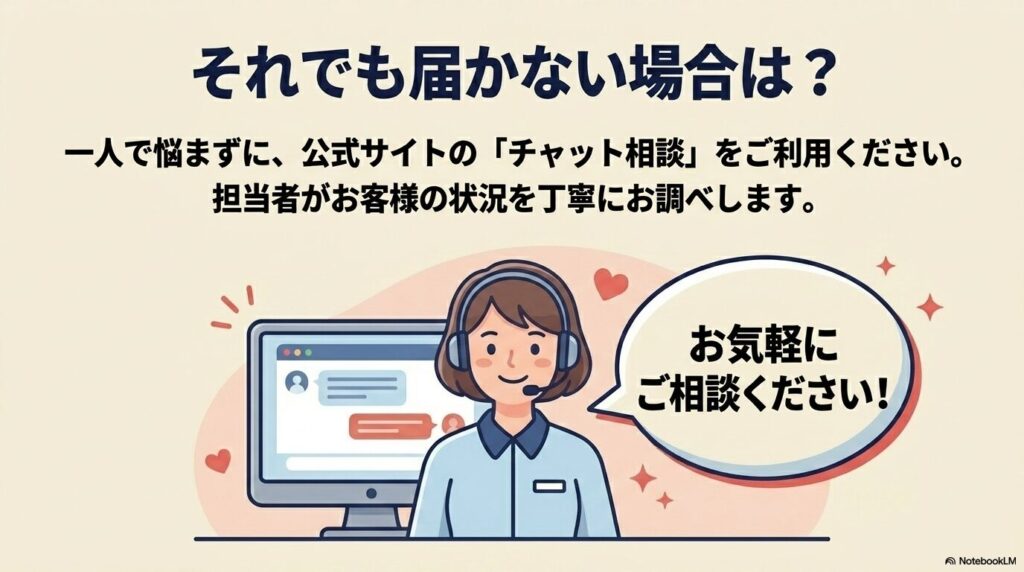 解決しない場合は、公式サイトのチャット相談で担当者に問い合わせることを推奨しています。