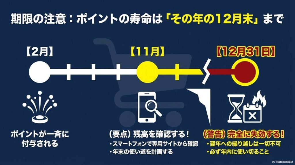 ポイントの有効期限が12月末までであることを示し、2月の付与から11月の残高確認、12月の失効までの年間スケジュールを説明しています。