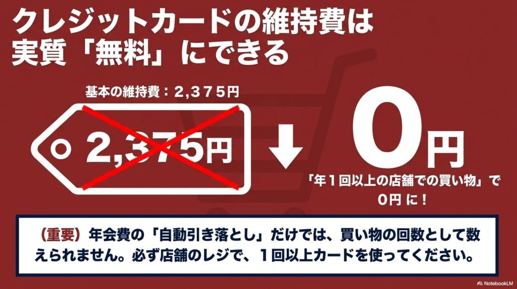 クレジットカードの維持費を実質無料にするための条件として、年1回以上の店舗でのレジ利用が必要であることを強調しています。