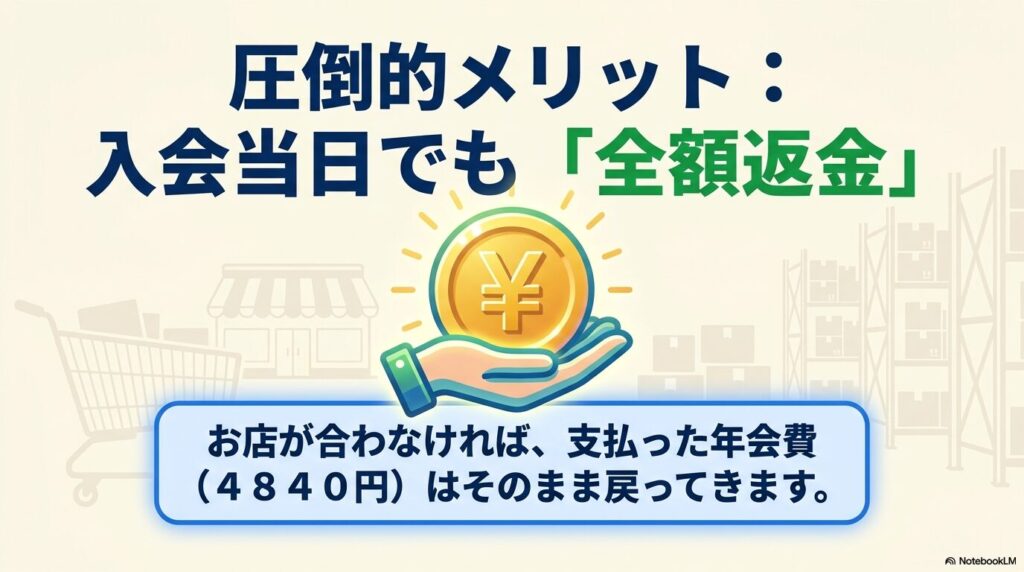 入会当日でも年会費4840円が全額返金されるという、コストコ会員の圧倒的なメリットについての説明。