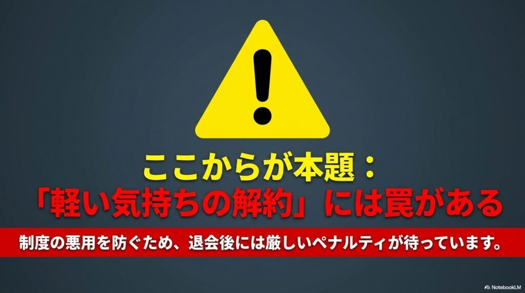 制度の悪用を防ぐために設けられた、解約に伴う厳しいペナルティについての警告。