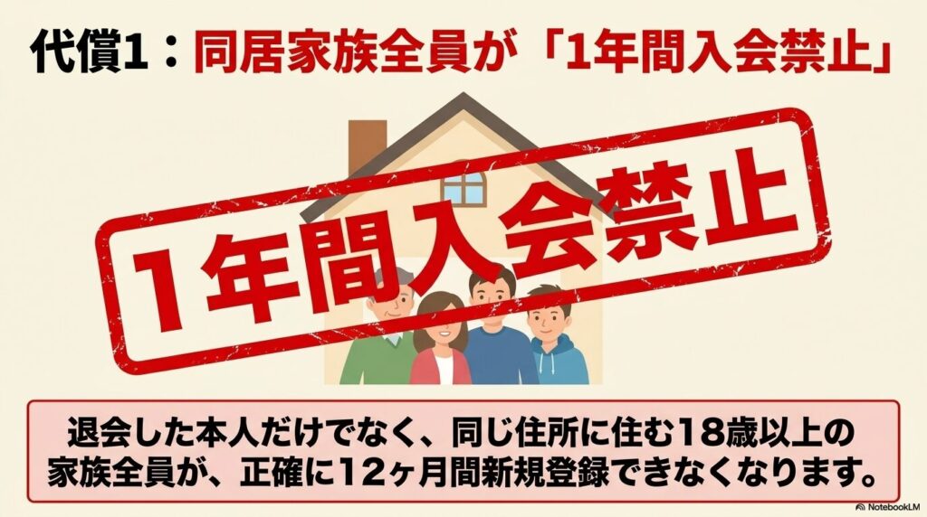 退会の代償として、退会した本人だけでなく同じ住所に住む18歳以上の家族全員が1年間入会禁止となる解説。