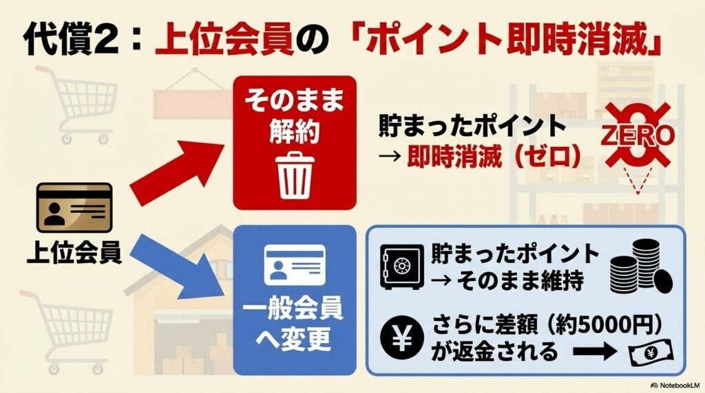 上位会員がそのまま解約するとポイントが消滅するが、一般会員へ変更すればポイントを維持しつつ差額が返金される。