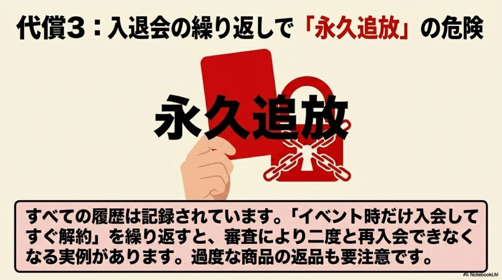 入退会の繰り返しや過度な返品を行うと、審査により二度と再入会できなくなる「永久追放」のリスクを警告。