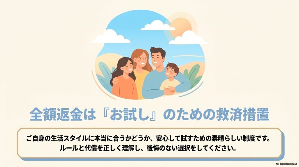 全額返金制度を「お試し」のための救済措置として正しく理解し、後悔のない選択を促すメッセージ。