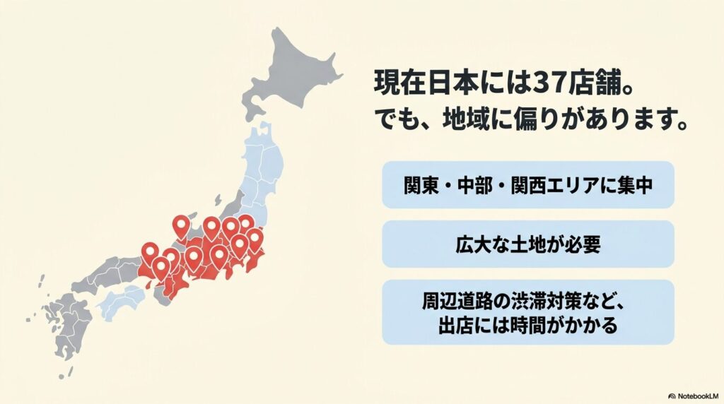 日本国内のコストコ店舗数が37店舗であり、特定の地域に偏っている現状と出店が難しい理由を説明するスライド。