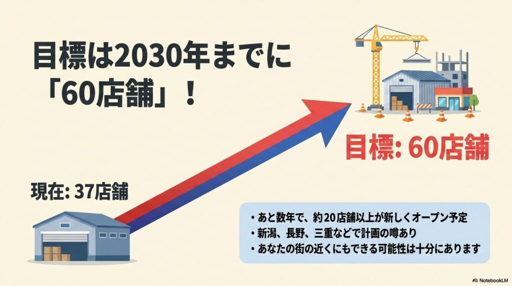 2030年までに国内60店舗を目指すという目標と、今後の新規オープン予定について説明するスライド。
