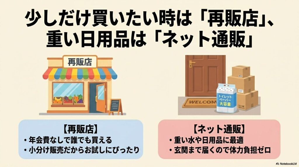少量の購入に向く「再販店」と、重い荷物を玄関まで届けてくれる「ネット通販」のメリットを説明するスライド。