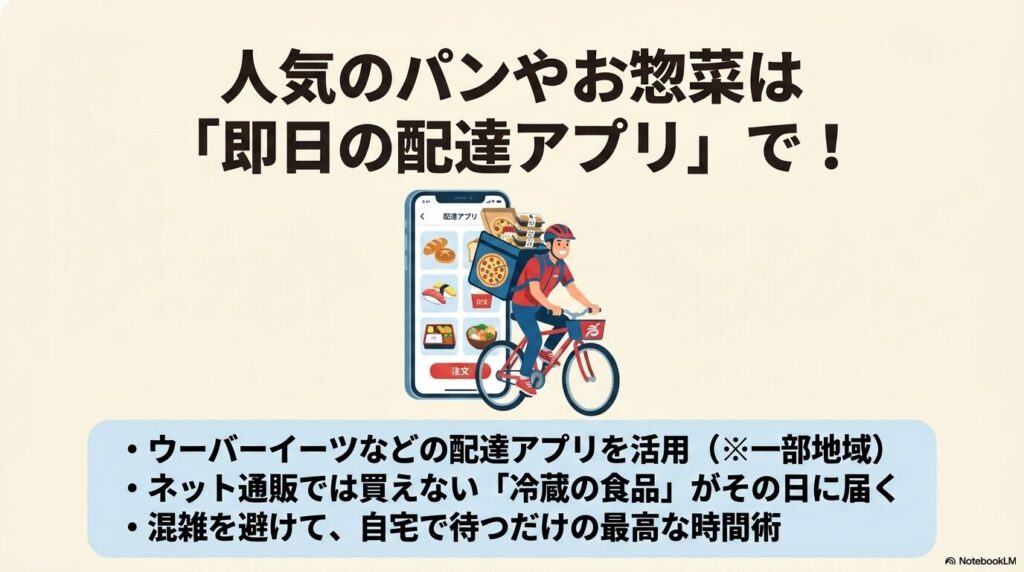 配達アプリを利用して、ネット通販では買えない冷蔵食品や惣菜を即日自宅で受け取る方法を提案するスライド。
