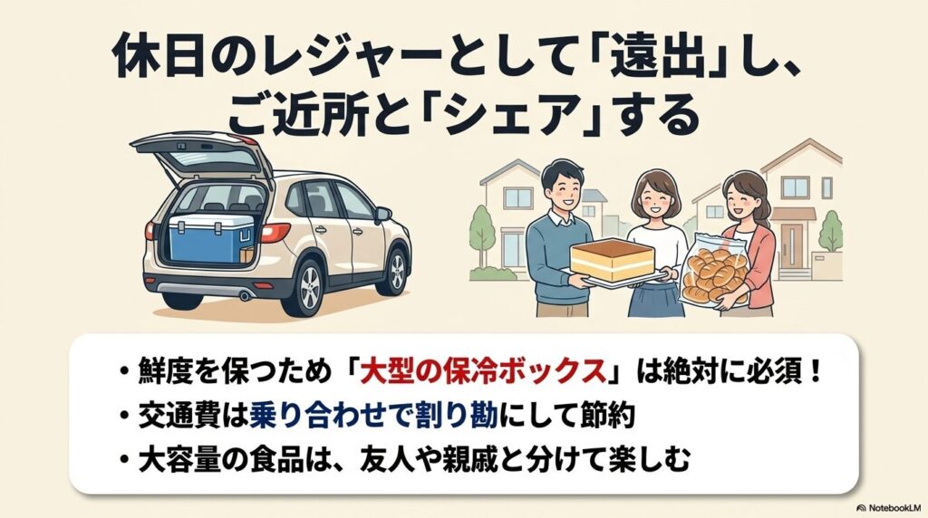 遠くの店舗へドライブし、大容量の商品を友人や近所の人とシェアして楽しむコツを説明するスライド。