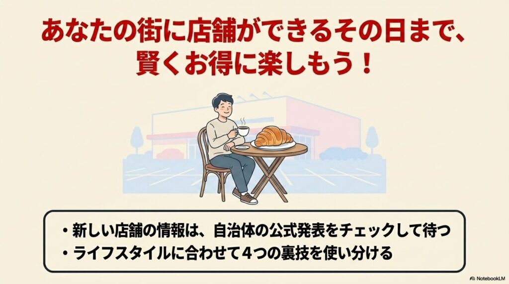 新店舗の情報を待ちつつ、4つの裏技をライフスタイルに合わせて使い分けることを勧めるまとめのスライド。