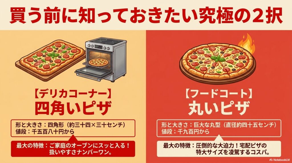 コストコのデリカコーナーで買える四角いピザと、フードコートで買える丸いピザの特徴を比較した表。