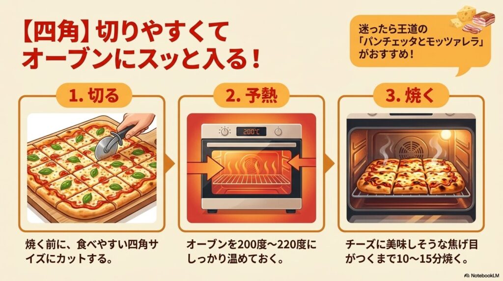 四角いデリカピザを焼くための、カット、予熱、加熱の3つのステップとコツを紹介するガイド。