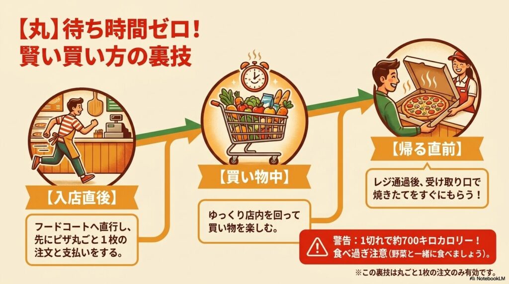 フードコートの丸いピザを待ち時間なしで受け取るための、入店直後に注文する裏技のフローチャート。