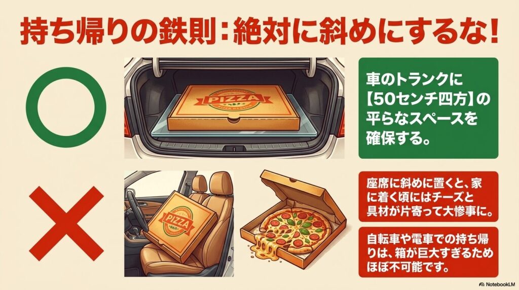 コストコピザを車で持ち帰る際の正しい置き方と、斜めに置くことのリスクを解説する図解。