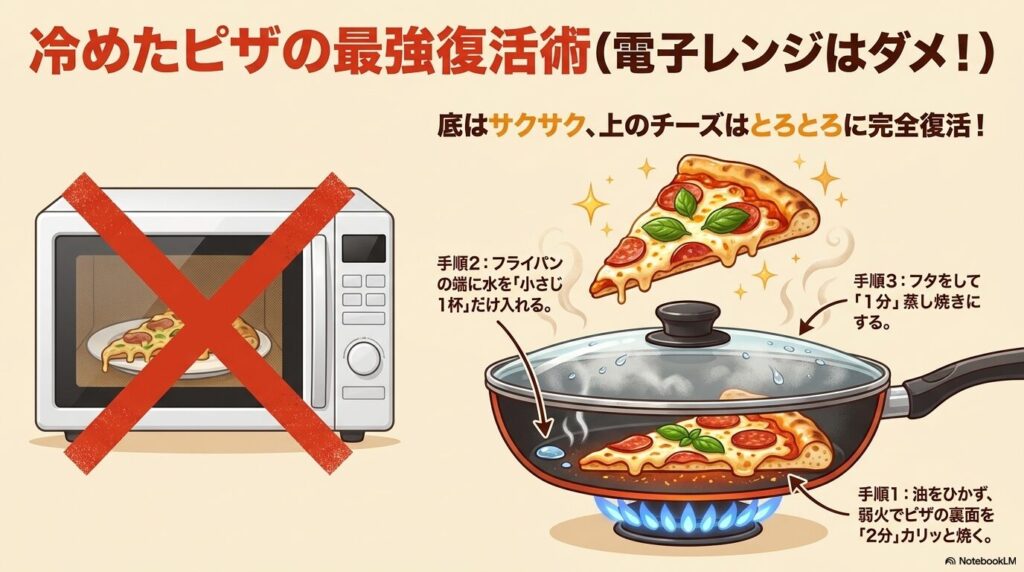 冷めたピザを電子レンジではなく、フライパンを使って美味しく温め直すための3段階の手順。