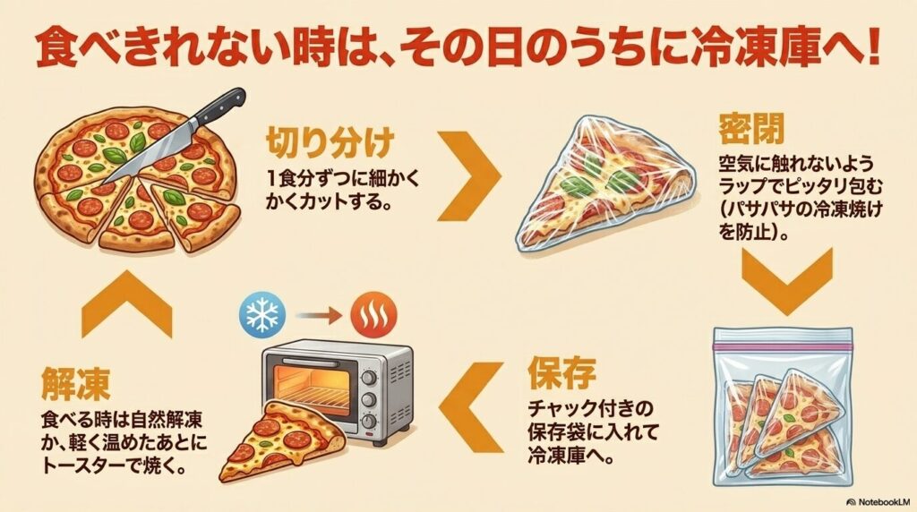 食べきれないピザを美味しさを保ったまま保存するための、冷凍から解凍・再加熱までのステップ。