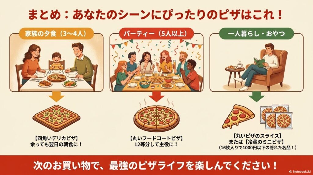 家族での夕食やパーティー、一人暮らしなど、利用シーンに合わせた最適なコストコピザのまとめ。