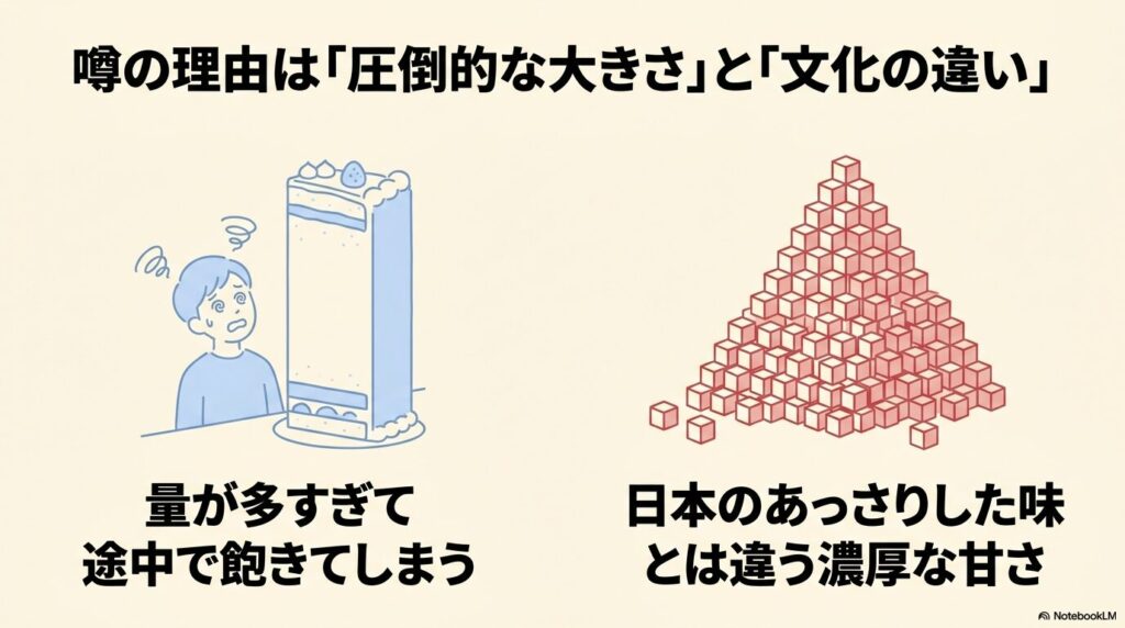 コストコのケーキが苦手とされる理由は、その圧倒的な量による飽きと、独特の濃厚な甘さにあります。