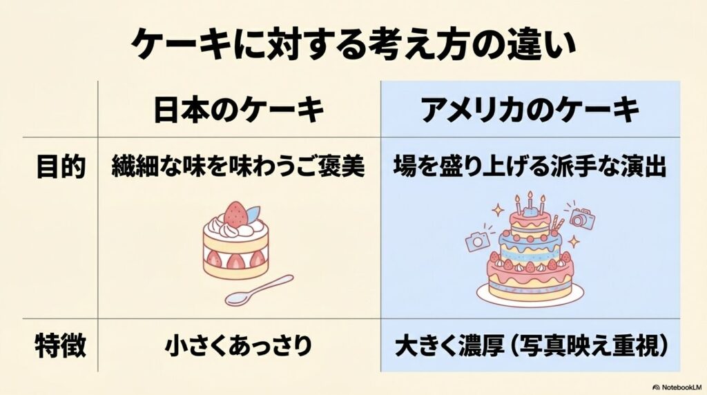 日本とアメリカのケーキに対する考え方の違いを、目的と特徴の項目で比較した表。