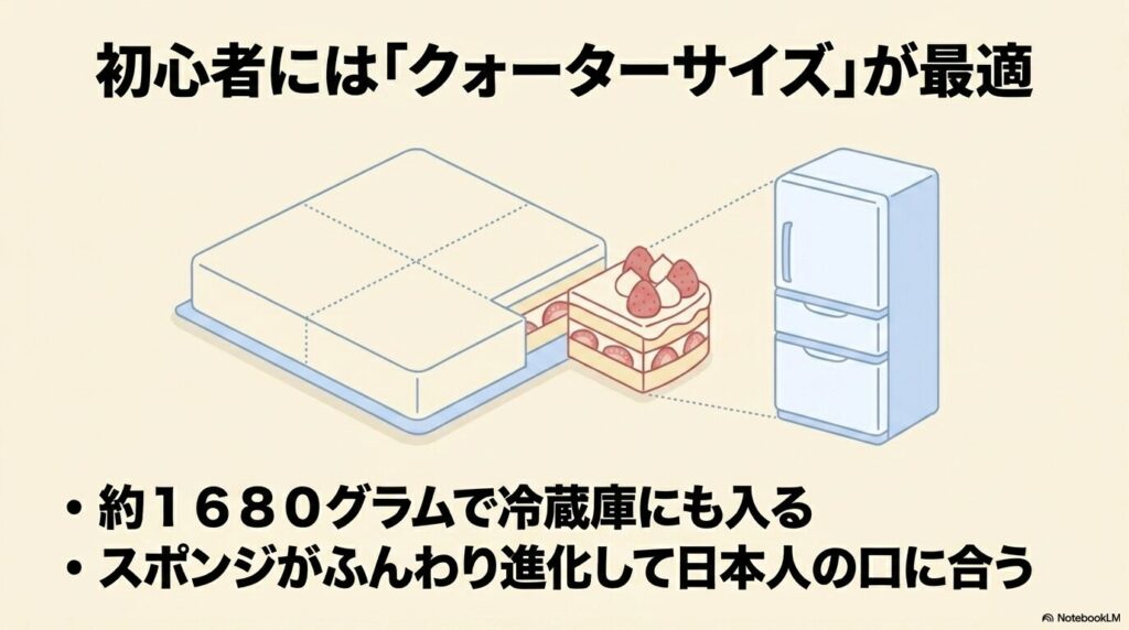 初心者には、冷蔵庫に入りやすく日本人の口に合うよう進化した「クォーターサイズ」が推奨されています。