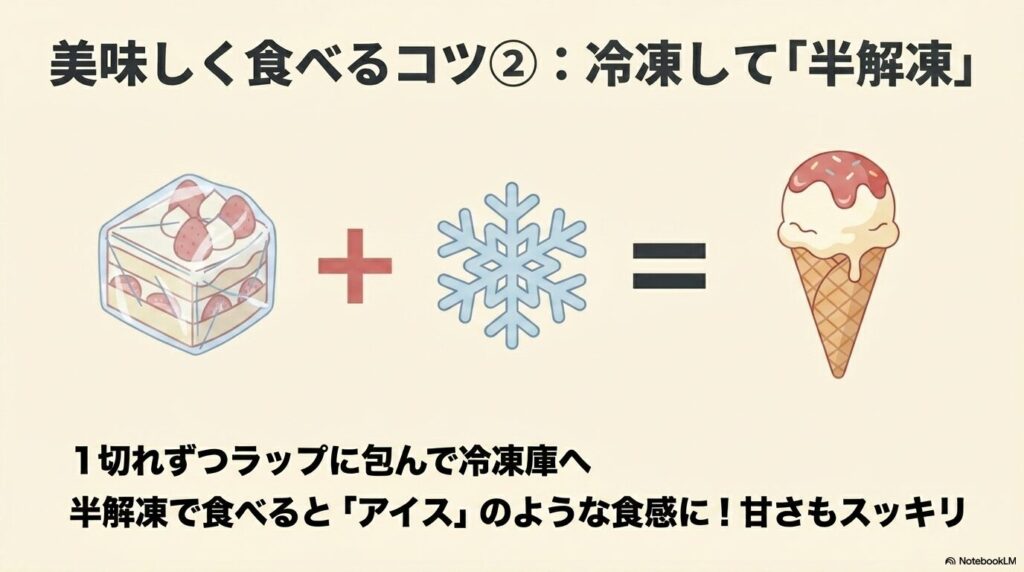 ケーキを1切れずつ冷凍して半解凍で食べると、アイスのような食感になり甘さもスッキリします。