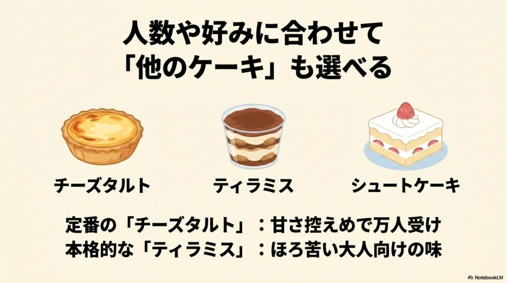 定番のチーズタルトや本格的なティラミスなど、人数や好みに合わせて選べる他の人気ケーキの紹介。