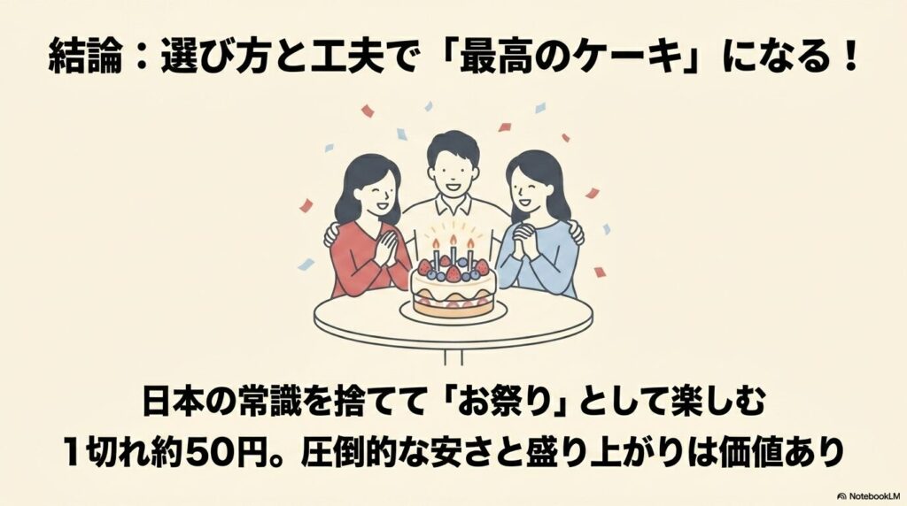 コストコのケーキは、1切れ約50円という安さと演出効果で、工夫次第で最高のケーキになります。