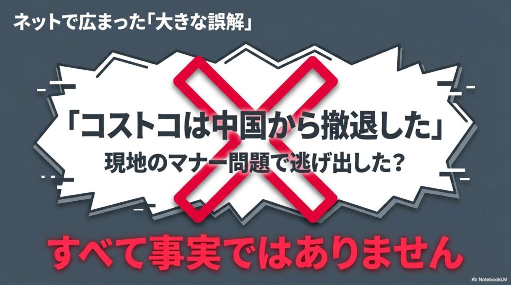 「コストコが中国から撤退した」というネット上の情報は大きな誤解であり、事実ではないことを示すスライド。