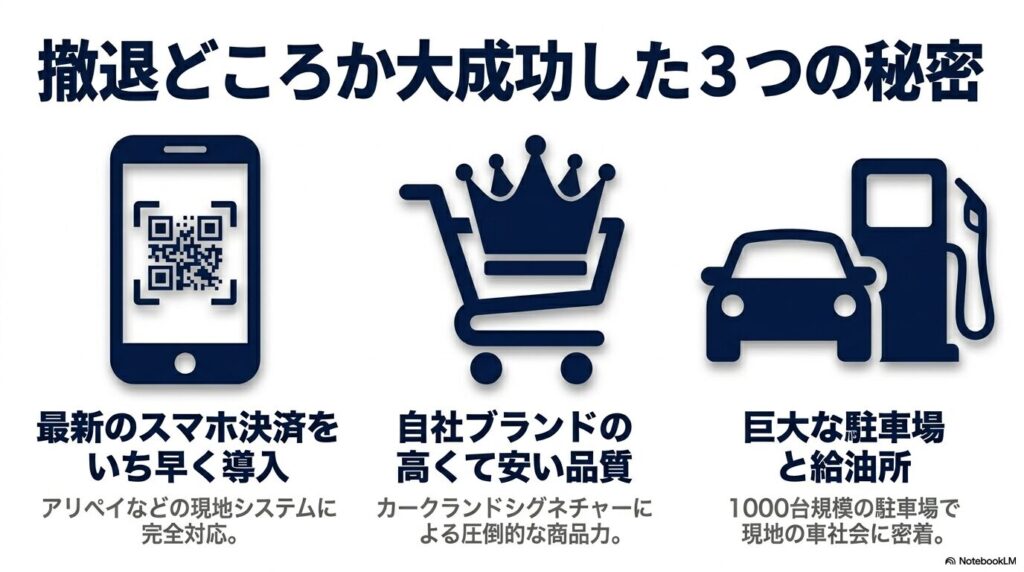 中国での成功の秘訣として、最新スマホ決済、自社ブランド品質、巨大な駐車場と給油所の3点を挙げている。