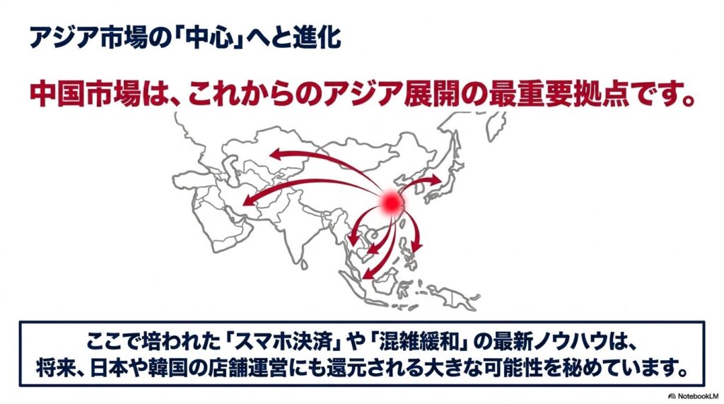 中国市場をアジア展開の最重要拠点とし、そこで得たノウハウを日本や韓国へ還元する将来の可能性を解説。