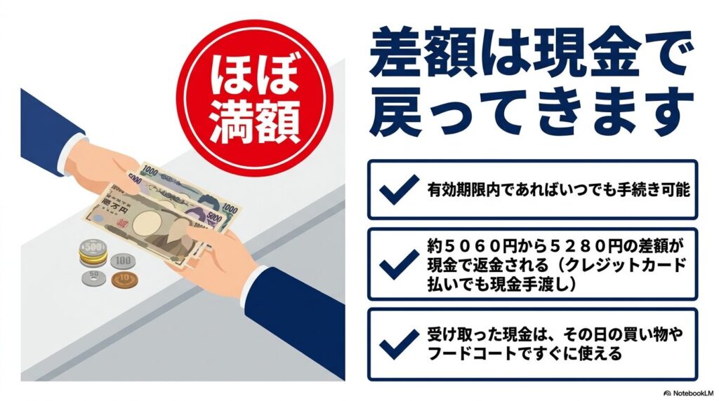 会員ランクのダウングレードにより、年会費の差額が約5000円分現金で返金されることを説明するスライド。