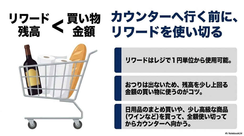 ダウングレードの手続き前に、レジでリワードを使い切るべき理由とコツを解説するスライド。