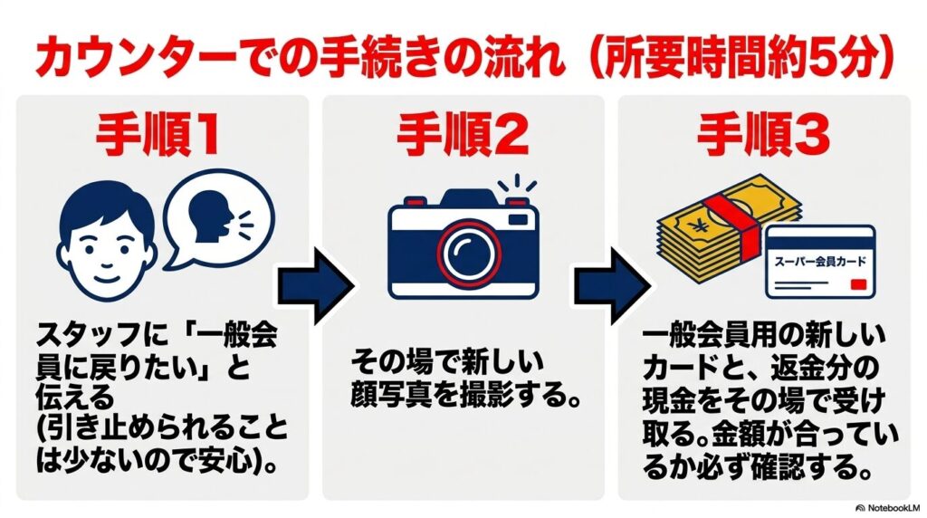 カウンターでの手続きの流れを、スタッフへの申し出、写真撮影、カードと現金の受け取りの3ステップで解説。