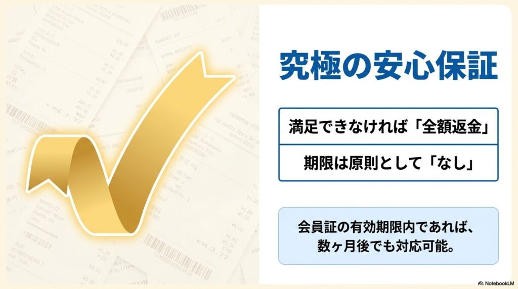 コストコの全額返金保証制度と、原則として返品期限がないことを説明するスライド。