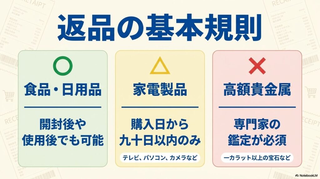 食品・日用品、家電製品、高額貴金属のカテゴリー別返品ルールを比較したスライド。