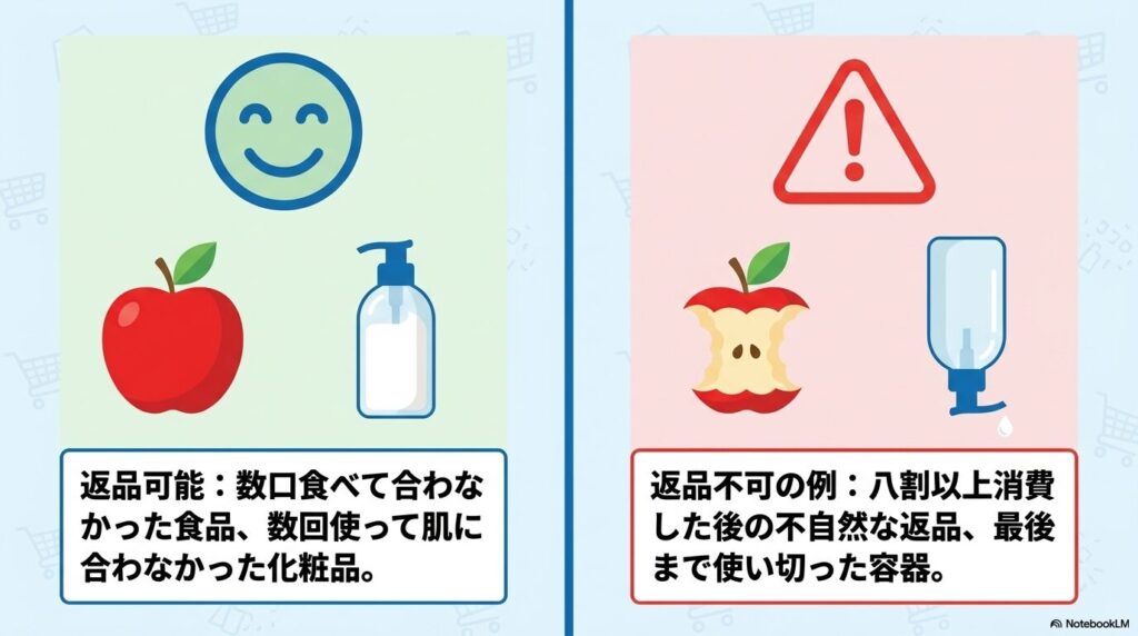 返品可能なケース(少量消費)と不可能なケース(大部分を消費済み)の具体例を紹介するスライド。