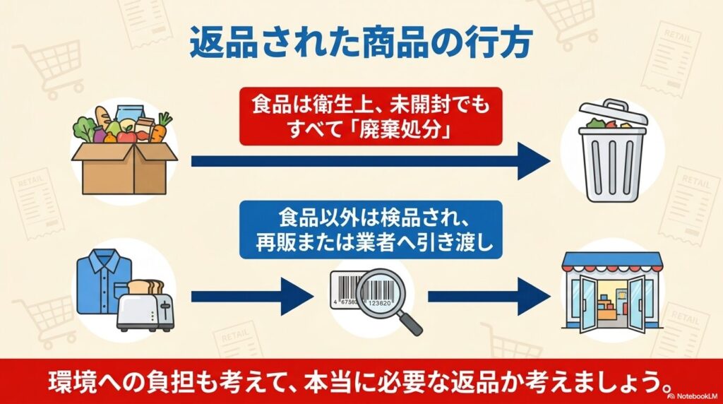 返品された商品の処理プロセスと、環境への影響を考慮した返品の重要性を説明するスライド。