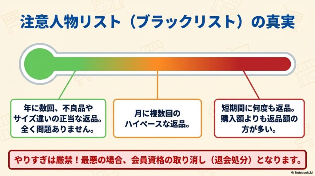過剰な返品による会員資格取り消しのリスクと、適切な返品頻度の目安を解説するスライド。
