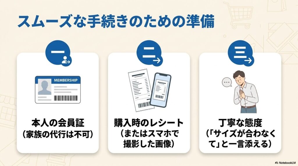 返品手続きをスムーズに進めるために必要な、会員証、レシート、丁寧な態度の準備を促すスライド。