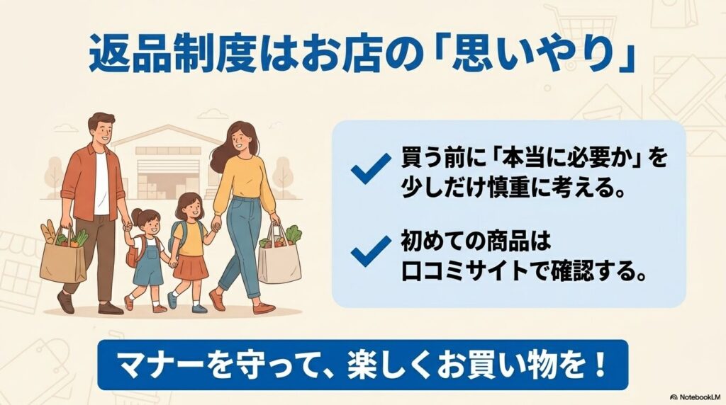 返品制度への感謝とマナー、事前の検討や口コミ確認を推奨するまとめのスライド。