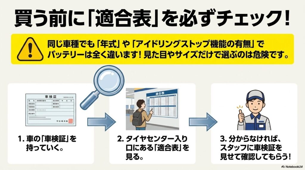 購入前に車検証を持ってタイヤセンターの適合表を確認する手順を説明するスライド。