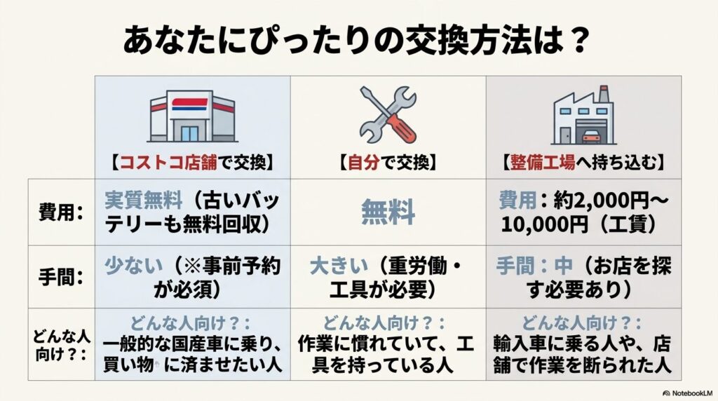 コストコ店舗、自分、整備工場の3つの交換方法を費用、手間、対象者別に比較した表。