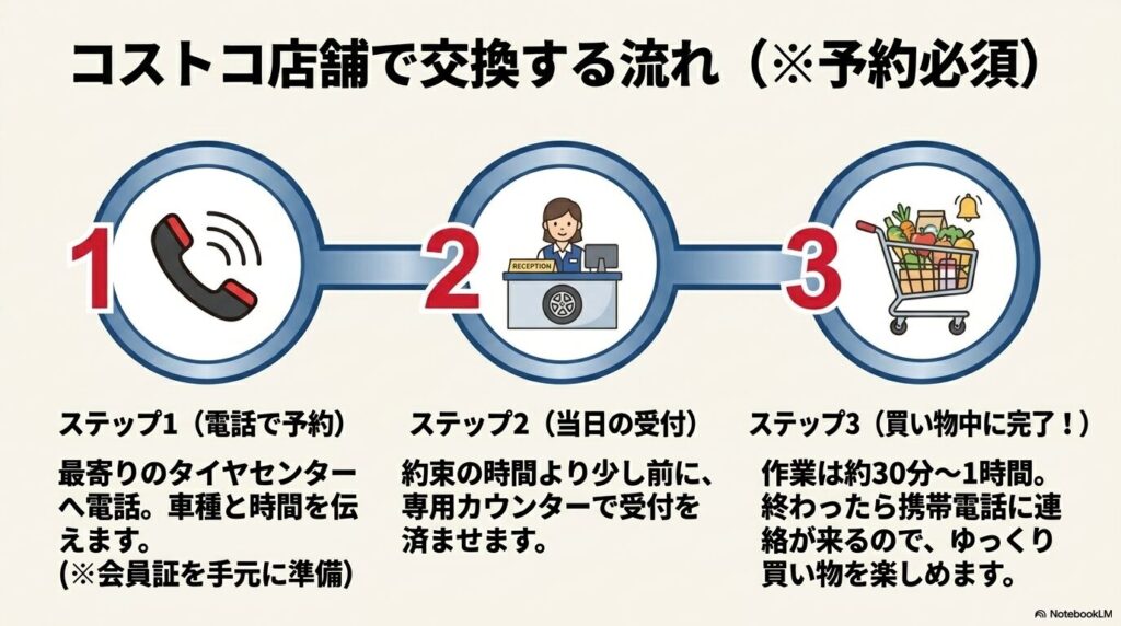 コストコ店舗でのバッテリー交換の流れを、電話予約、当日受付、買い物中の完了の3ステップで紹介。