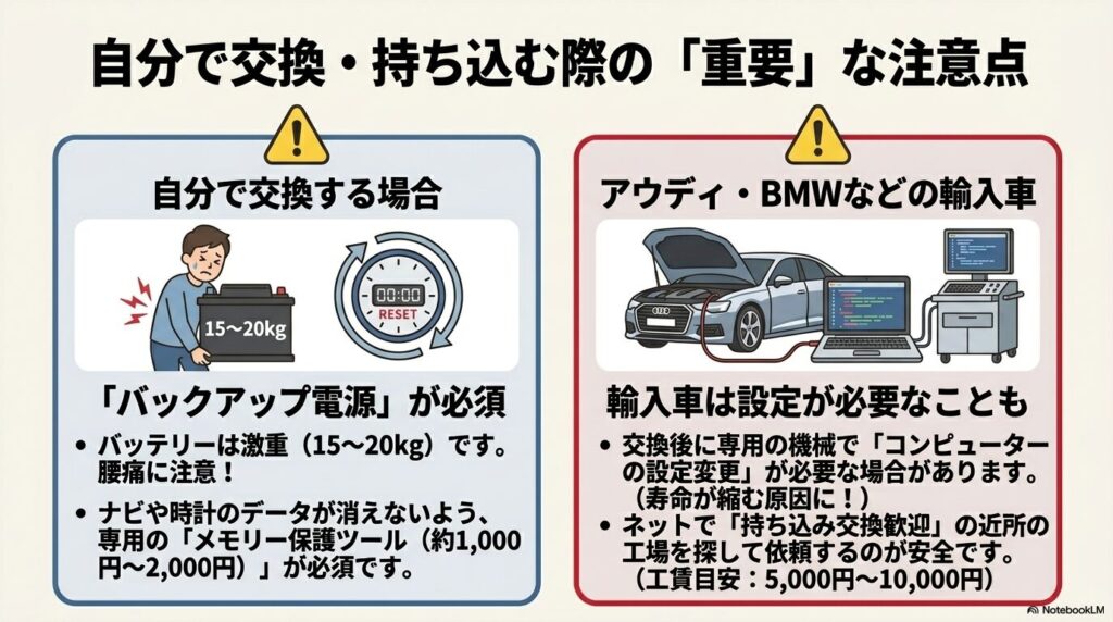 自分で交換する場合の注意点と、輸入車においてコンピューター設定が必要な場合があることを説明。