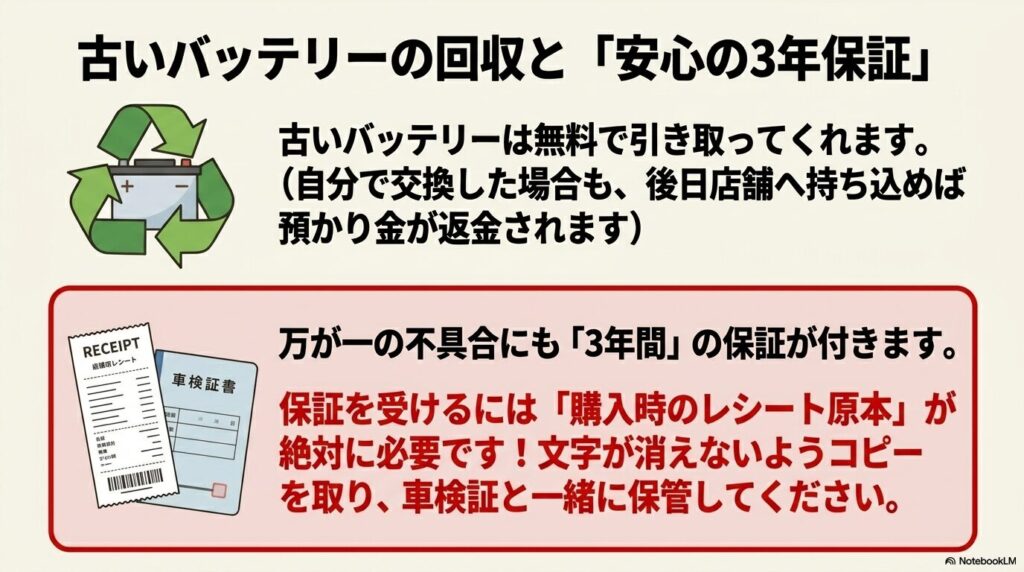 古いバッテリーの無料回収と、保証を受けるためのレシート保管の重要性について。