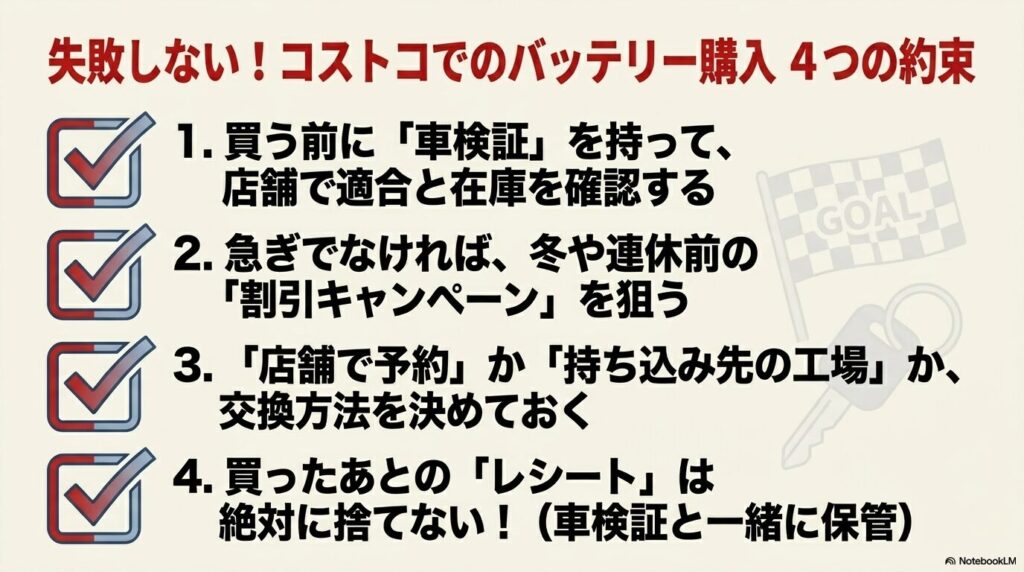 コストコでのバッテリー購入を失敗しないための4つのポイントをまとめたチェックリスト。